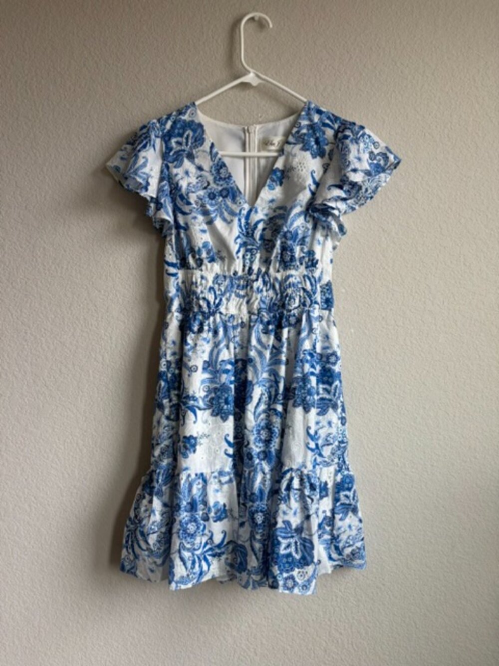 Eliza J Blue/White Floral Eyelet Fit & Flare Mini Dress Women’s Sz 2 Cottagecore - Picture 2 of 10